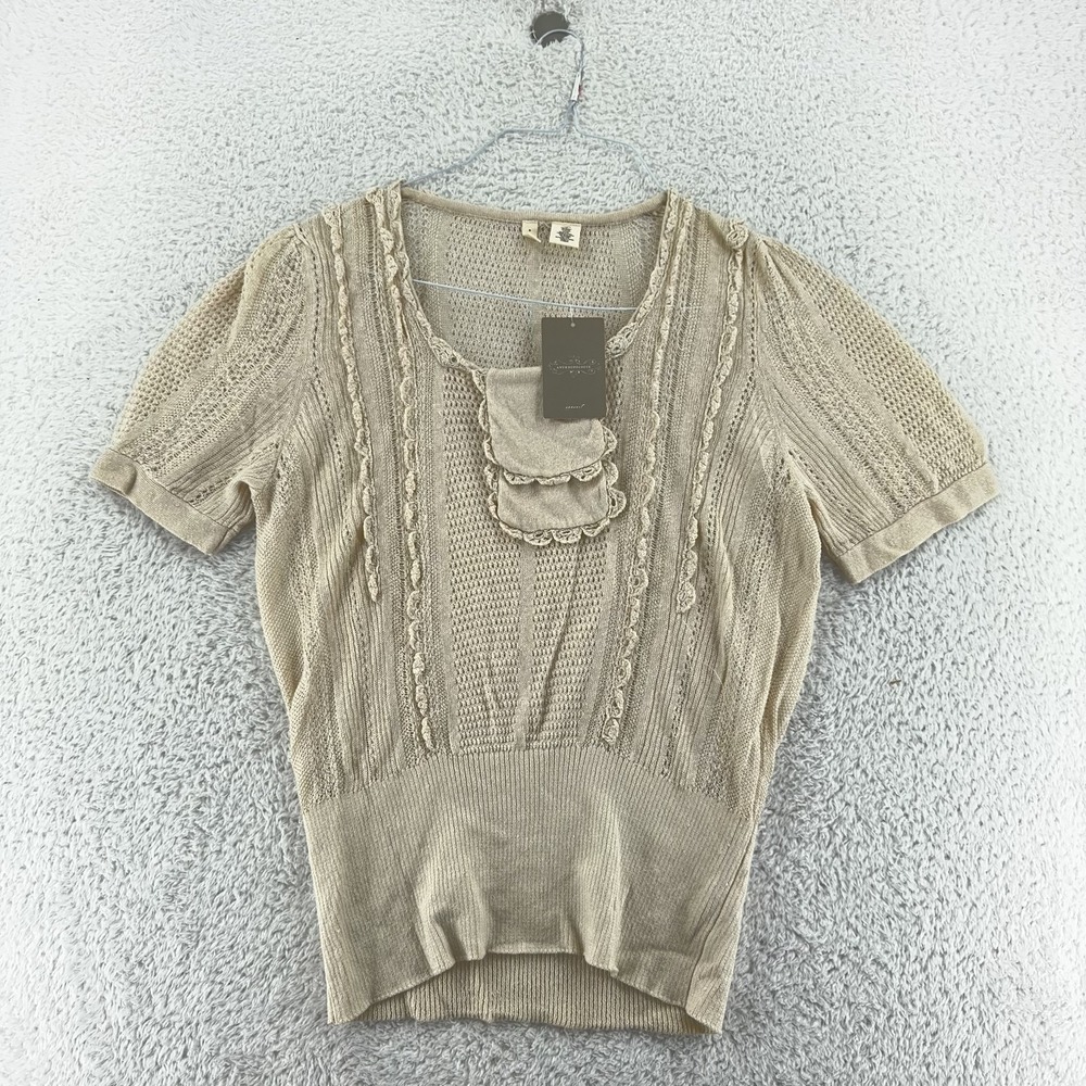 Anthropologie Moth Ivory Linen Crochet Sweater Womens L Knit Lace Cottagecore